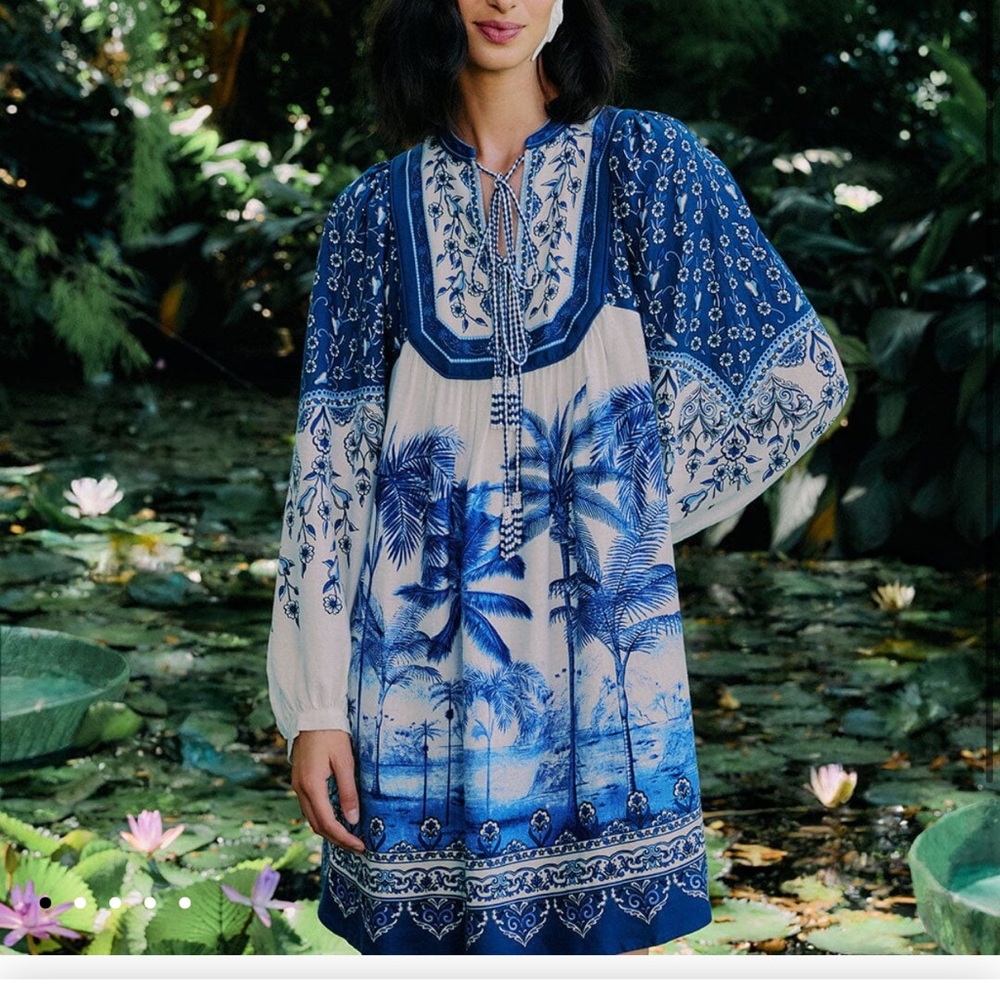 [NWT] FARM Rio Off-White Palm Tree Beach Mini Dress - Size XL